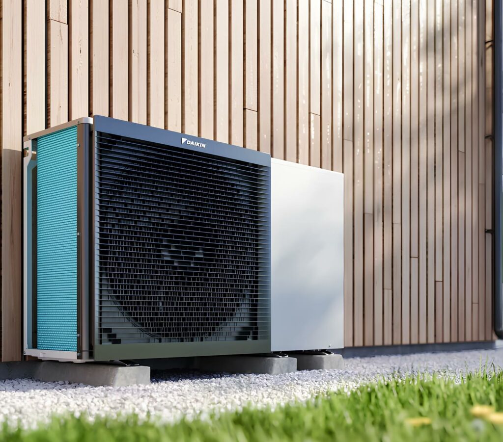 Image d'un évaporateur de pompe à chaleur de marque Daikin, installé dans un jardin par Géothermique Normandie