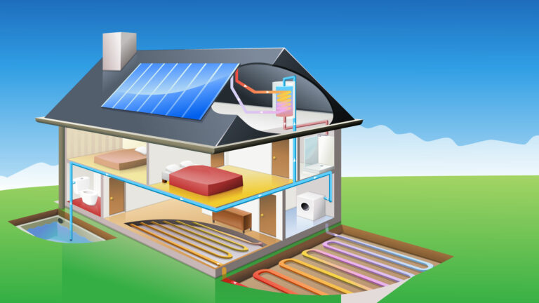 Schéma de maison utilisant la géothermie et les énergie photovoltaïques
