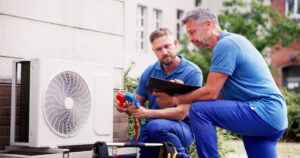 Photo de deux installateurs de pompe à chaleur